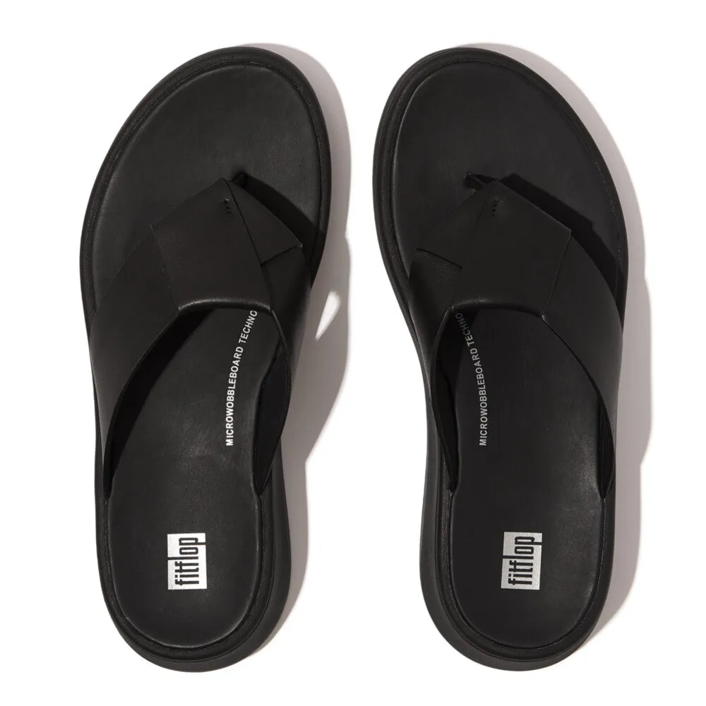 FitFlop F-mode Folded-Leather Flatfrom Toe-Post Sandals Black