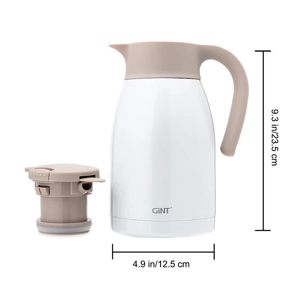 GiNT Stainless Steel Thermal Coffee Carafe with Lid/Double Walled Vacuum Thermos / 12 Hour Heat Retention,1.5L, White