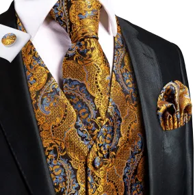 Golden Brown Paisley Silk Men's Vest Hanky Cufflinks Tie Set Waistcoat Suit Set