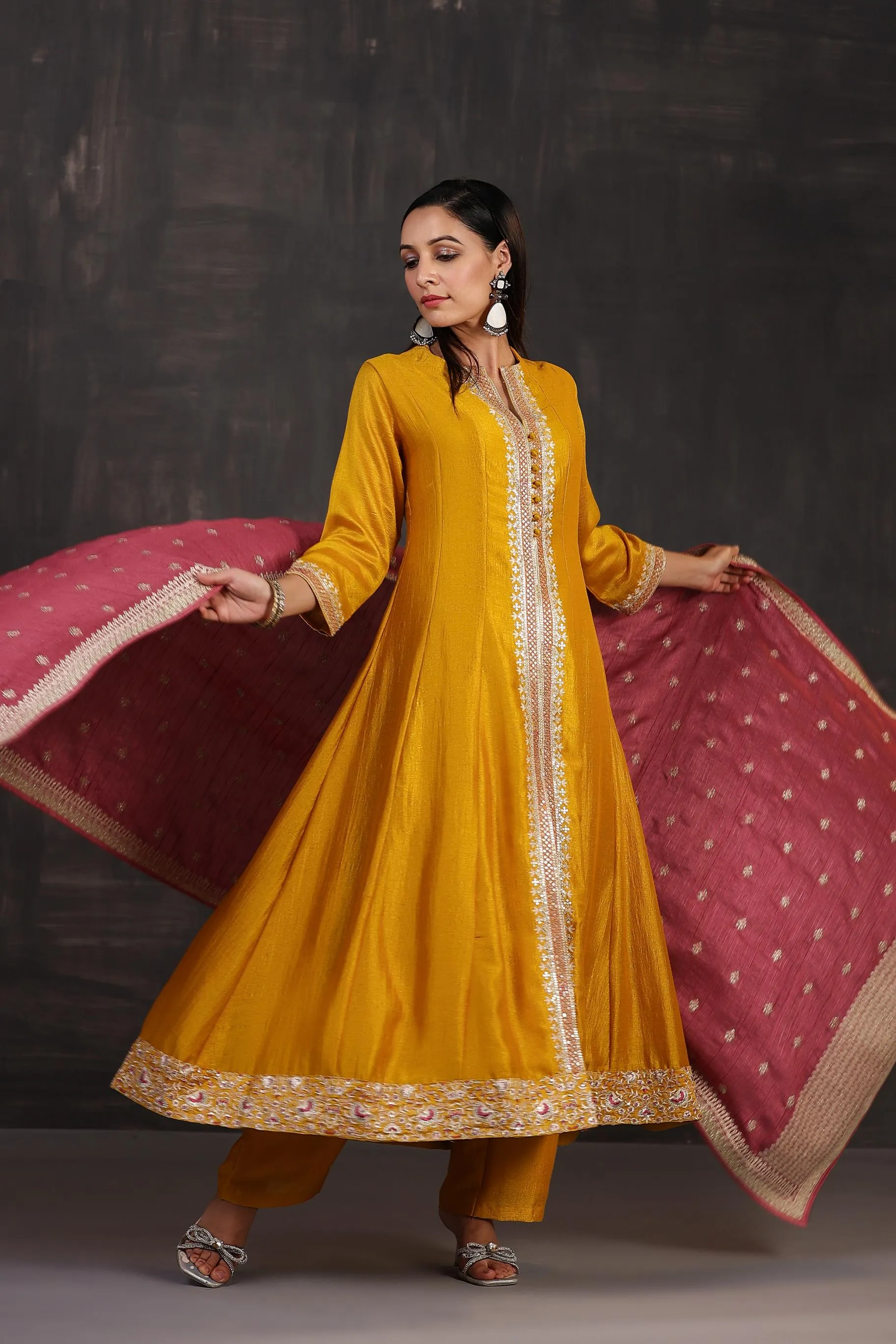 Golden Yellow Embellished Premium Silk Anarkali Set