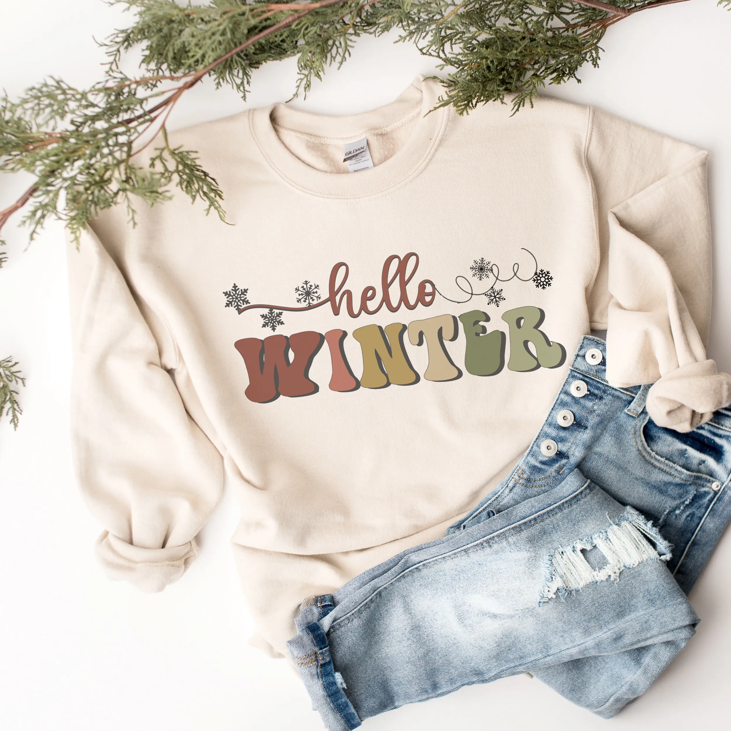 Hello Winter Crewneck Sweatshirt Women's Unisex Cozy Warm Pullover in Ash, Sand, or White