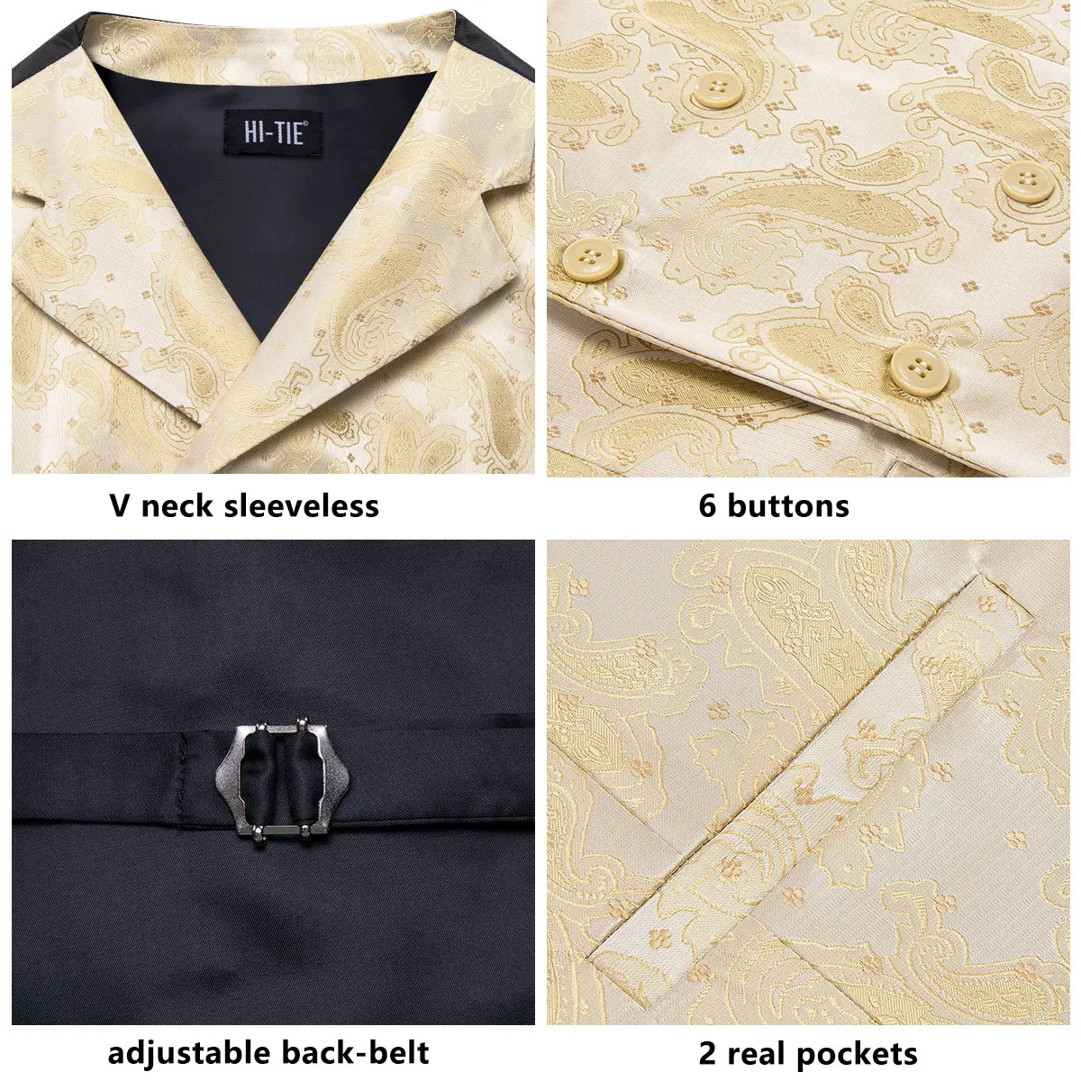 Hi-Tie Beige Yellow Paisley Men's Collar Vest Hanky Cufflinks Tie Set