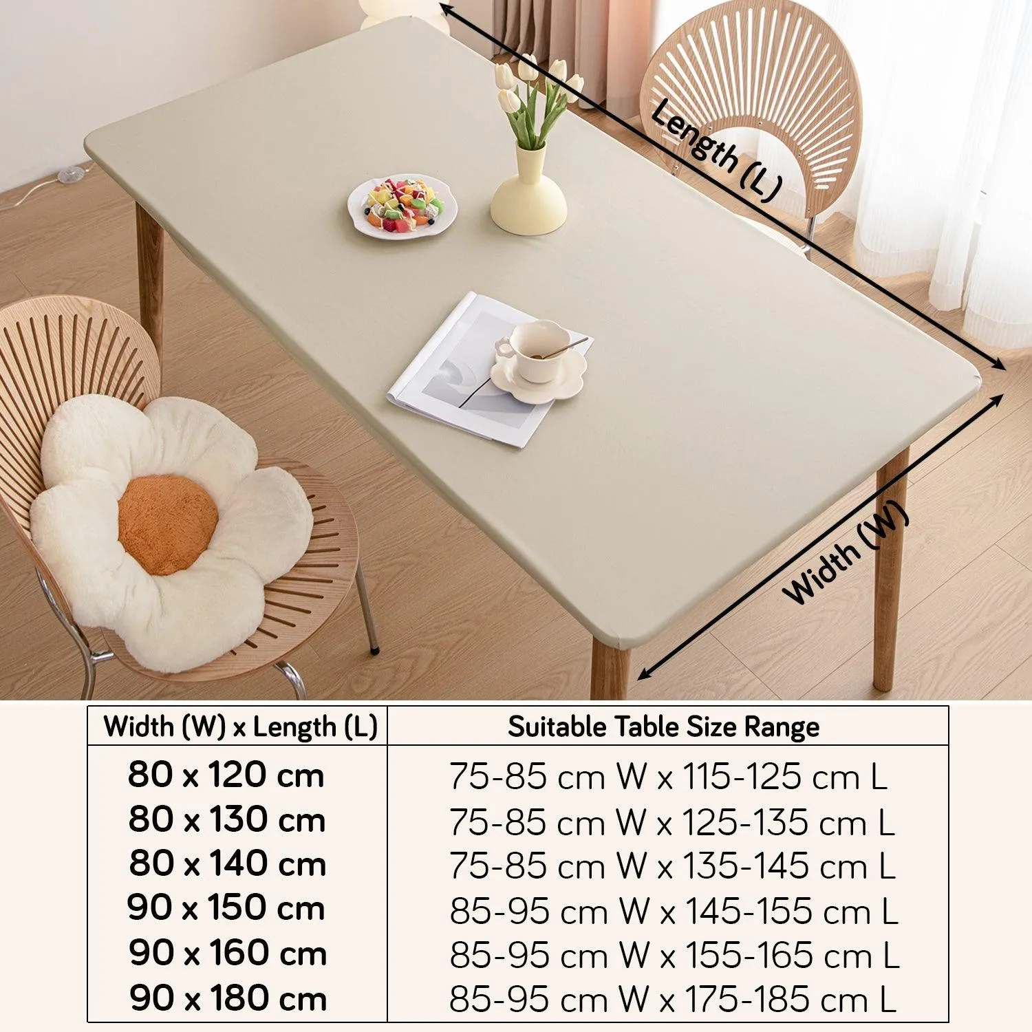 HOKIPO 100% Waterproof Non-Slip Stretch Table Cover, Cream