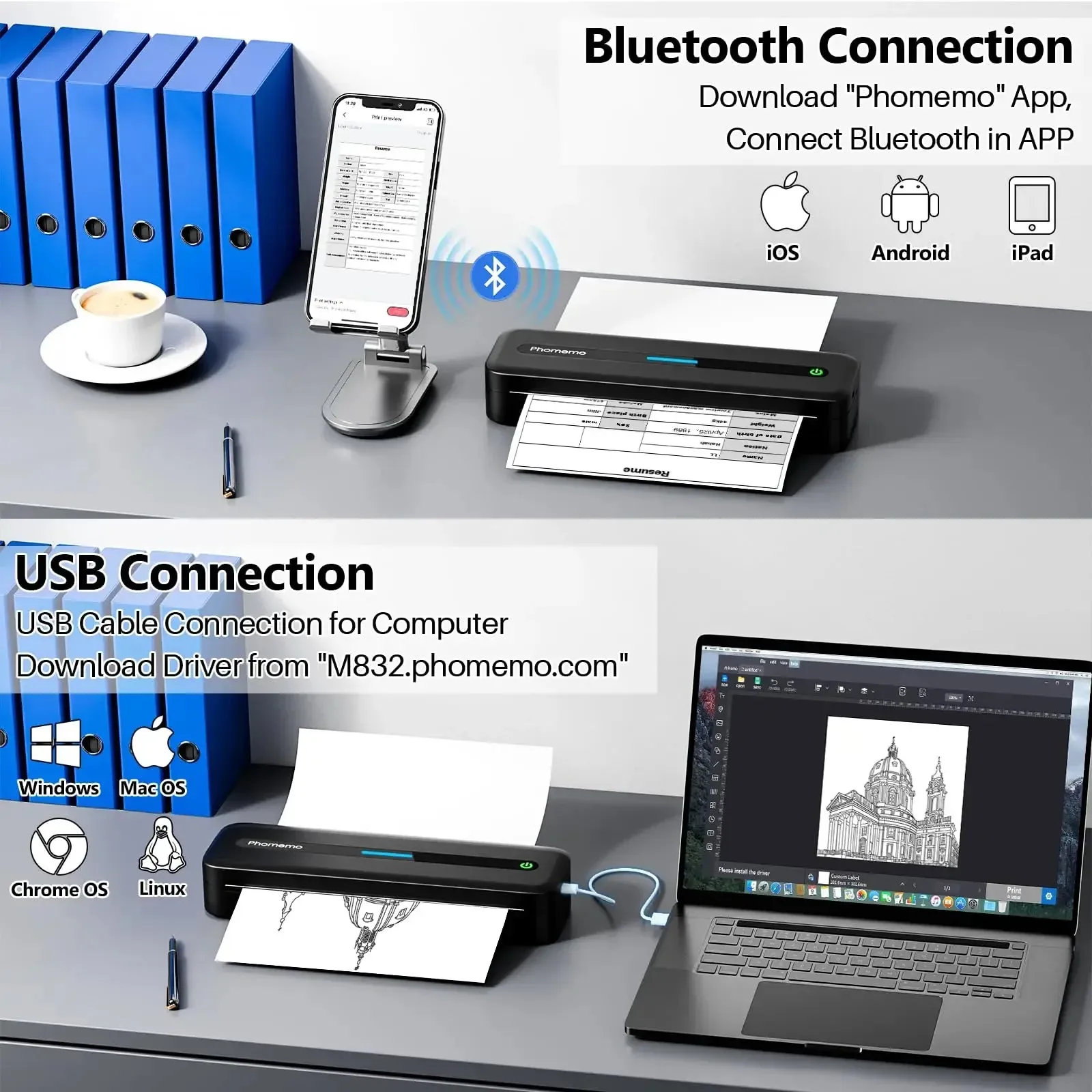 Inkless M832 Portable Wireless Bluetooth Thermal Printer