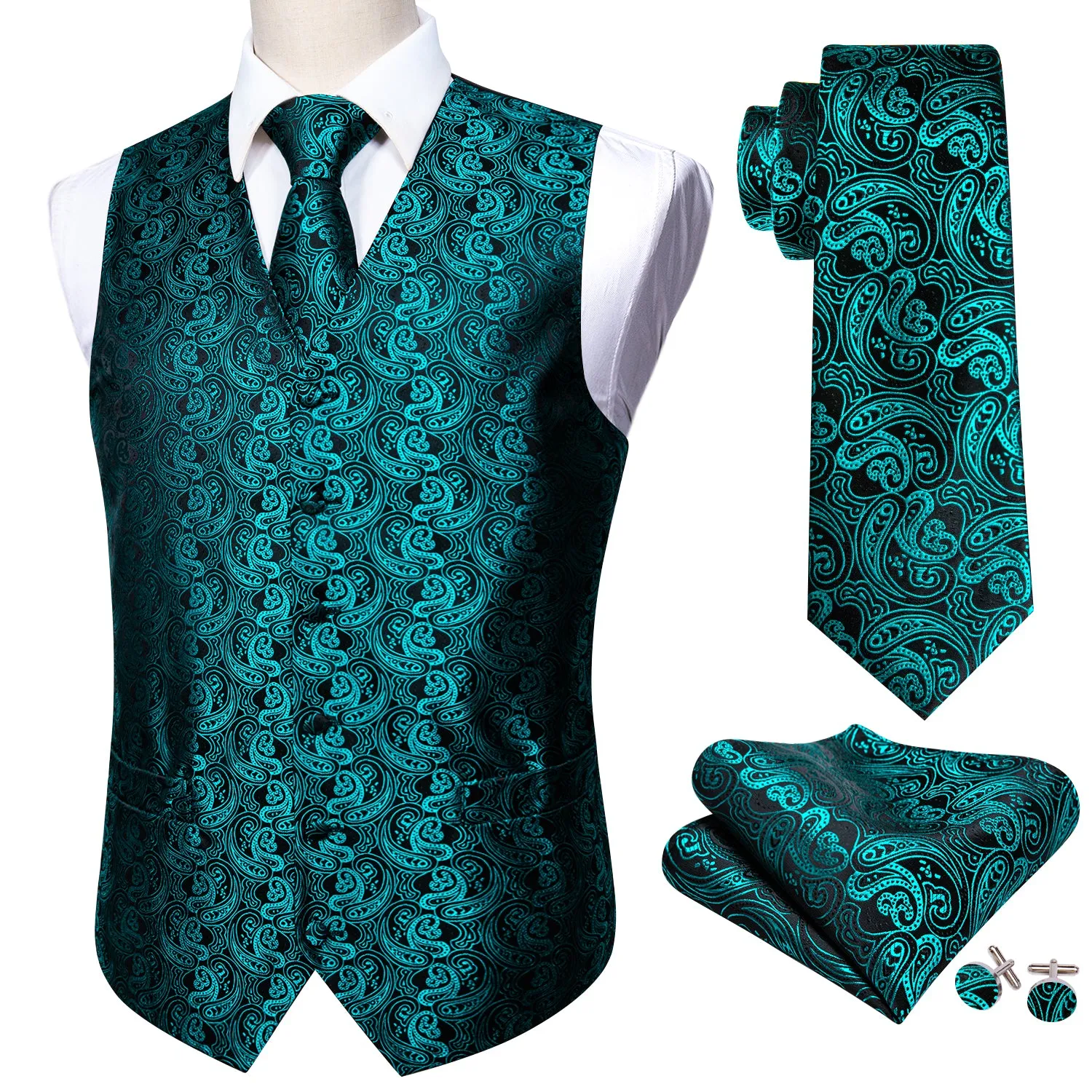 Lake Blue Paisley Jacquard Silk Men's Vest Hanky Cufflinks Tie Set