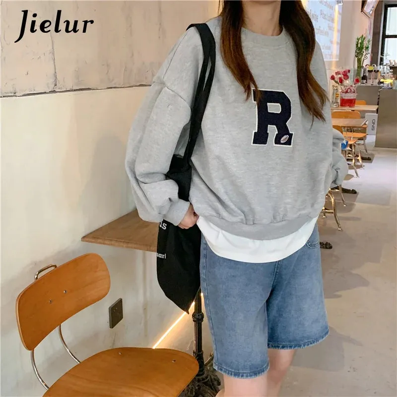 Lantern Sleeve Sweatshirts Women Apricot Loose Simple Letter R Embroidery O-neck Long Sleeve Tops Streetwear Hoodies M-XL