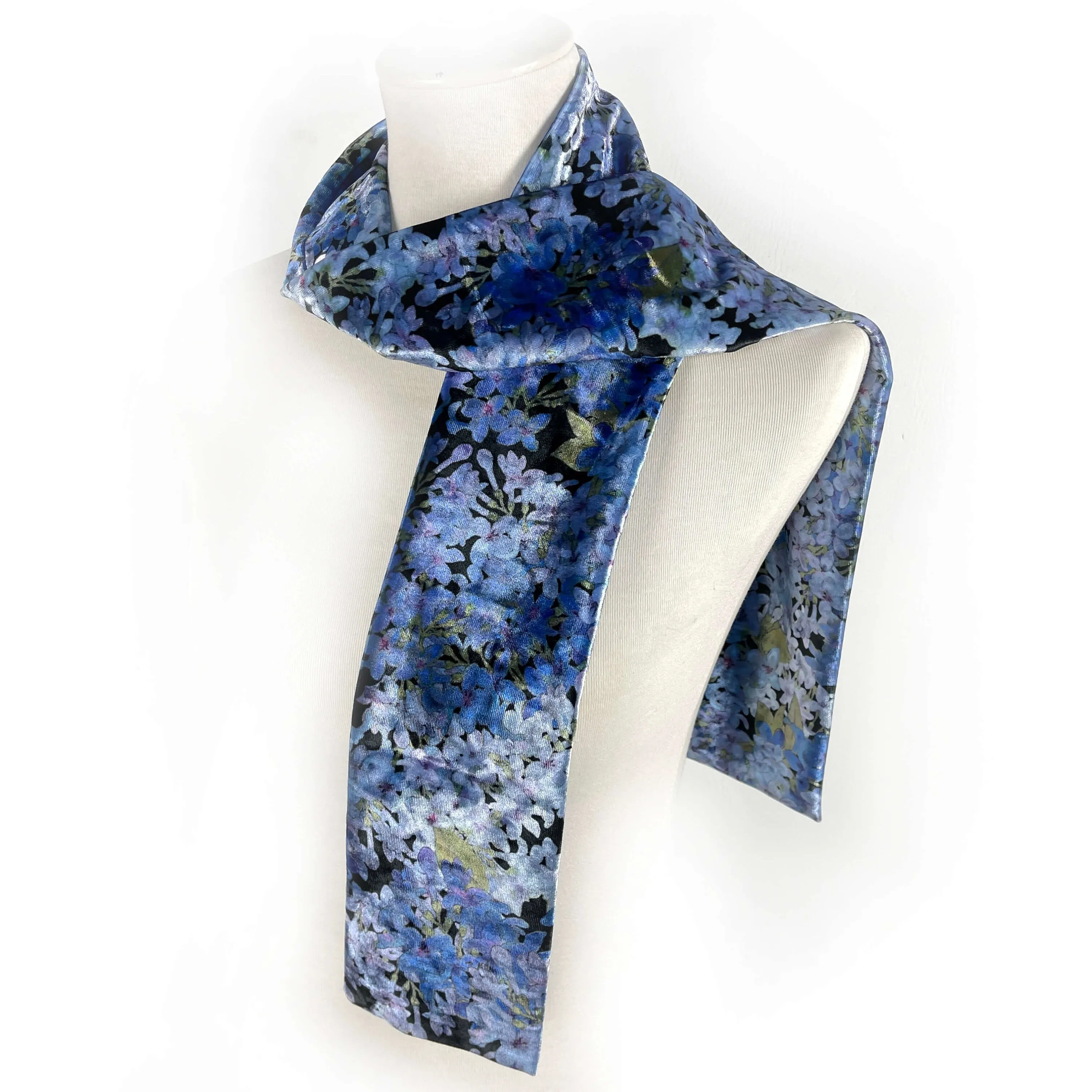 Lapis Blue Lilac Velour Scarf, Womans Scarf, handmade scarf, designer scarf, floral scarf, Wear all day or evening