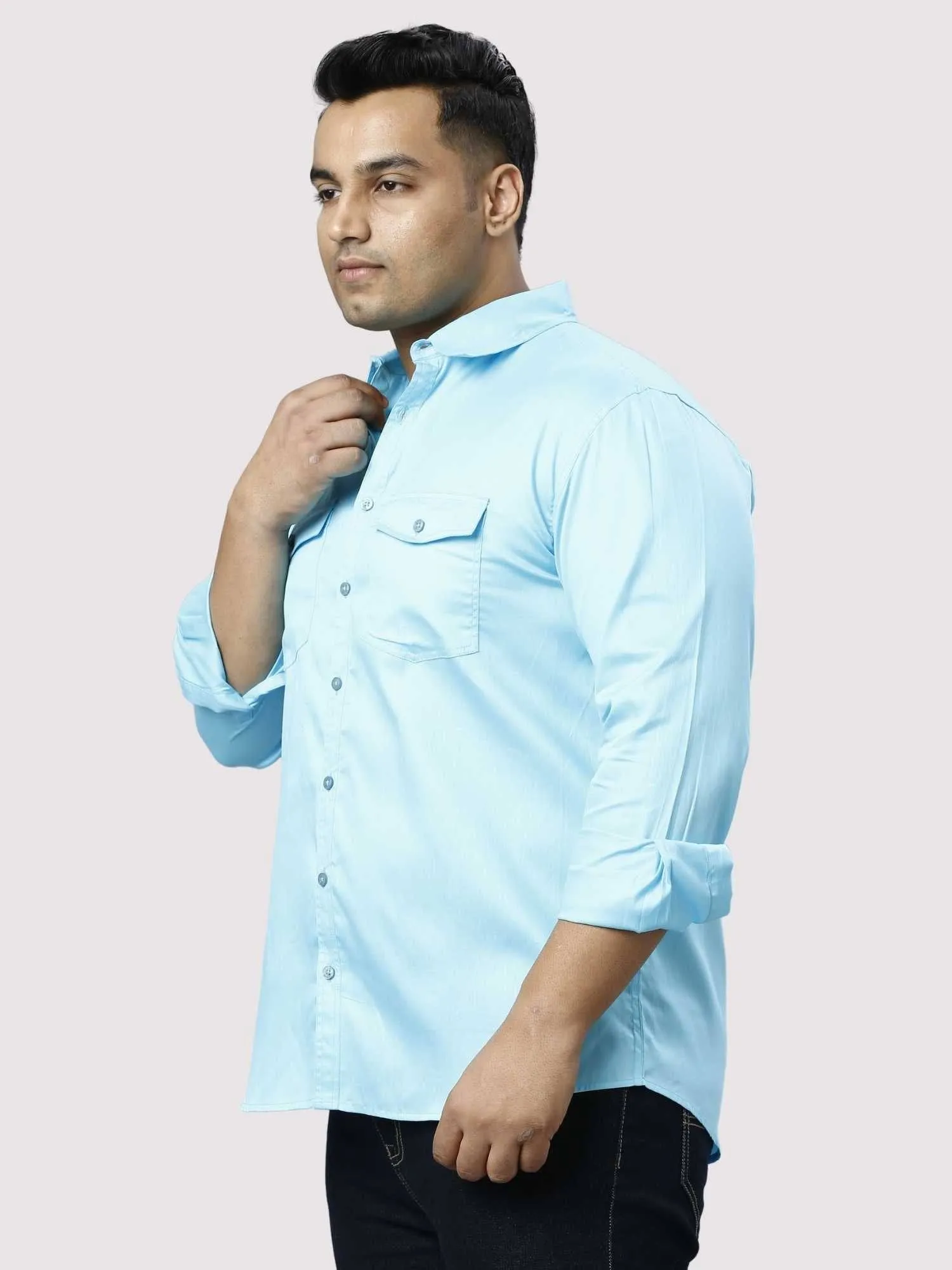 Light Blue Pure Cotton Double Pocket Full Sleeve Shirt Men's Plus Size