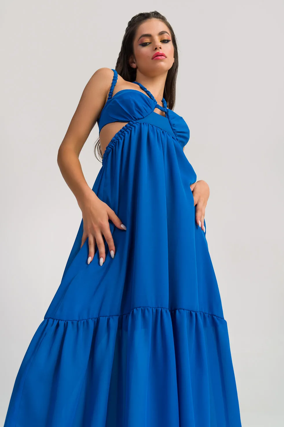 Lillian Blue Silk flared maxi dress