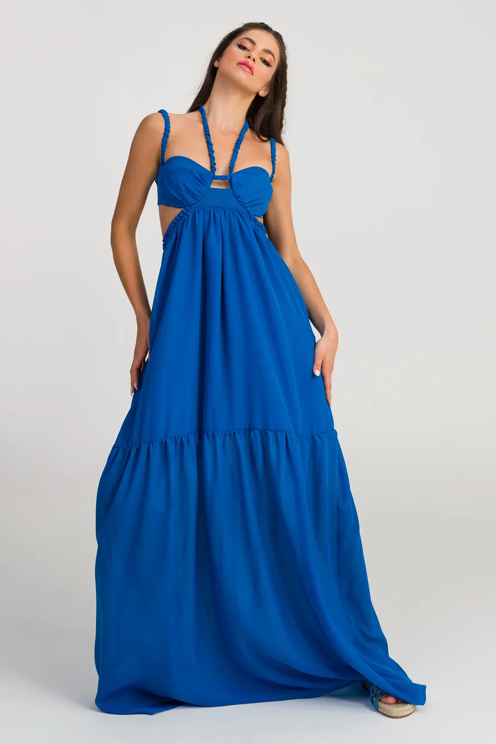 Lillian Blue Silk flared maxi dress