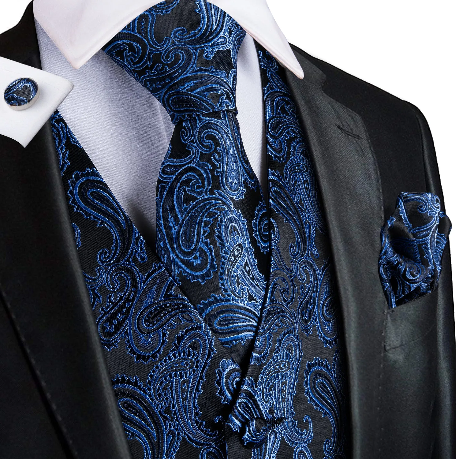 Luxury Black Blue Paisley Jacquard Silk Men's Vest Hanky Cufflinks Tie Set Waistcoat Suit Set