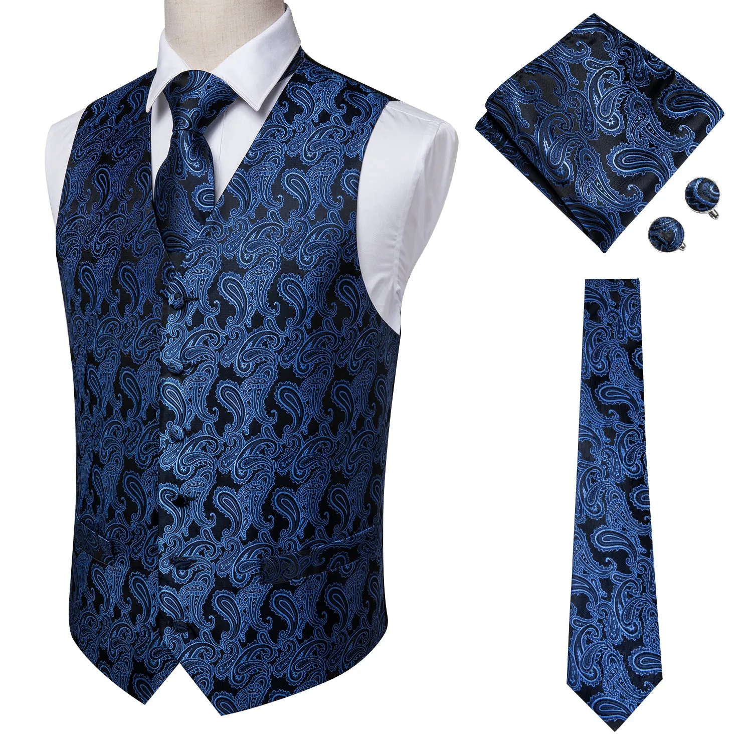 Luxury Black Blue Paisley Jacquard Silk Men's Vest Hanky Cufflinks Tie Set Waistcoat Suit Set