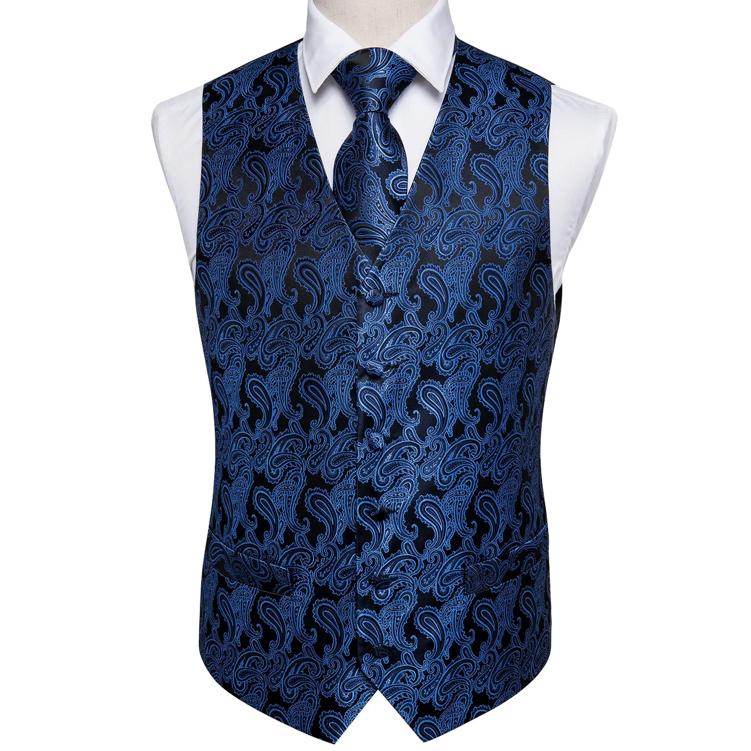 Luxury Black Blue Paisley Jacquard Silk Men's Vest Hanky Cufflinks Tie Set Waistcoat Suit Set