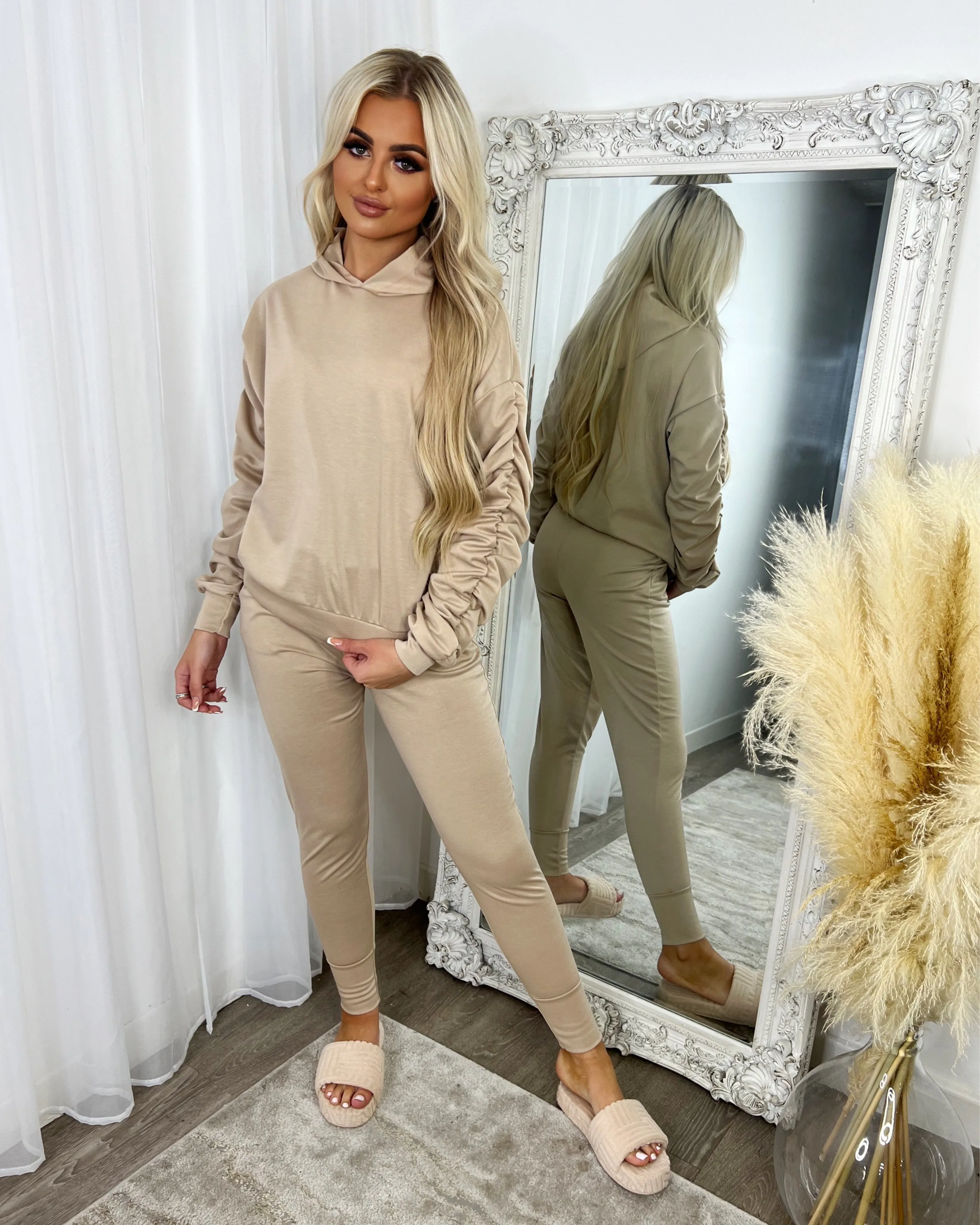 Martina Ruched Sleeve Hoodie & Pants Set - Beige