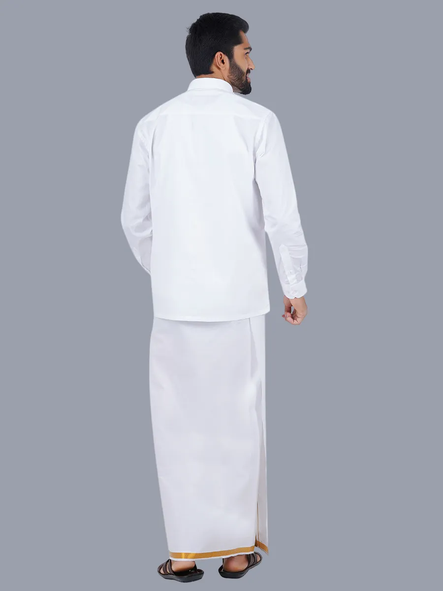 Men 100% Cotton White Full Sleeves Shirt with 1/2'' inch Gold Jari Single Dhoti Combo