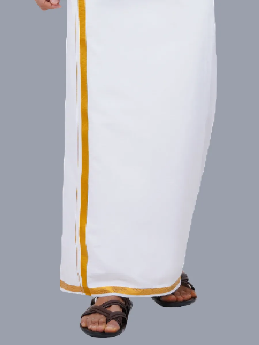 Men 100% Cotton White Full Sleeves Shirt with 1/2'' inch Gold Jari Single Dhoti Combo