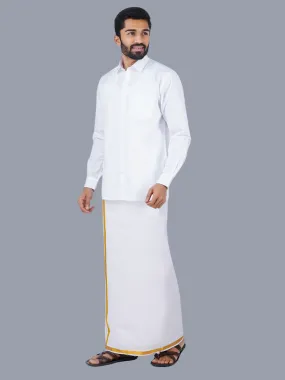 Men 100% Cotton White Full Sleeves Shirt with 1/2'' inch Gold Jari Single Dhoti Combo