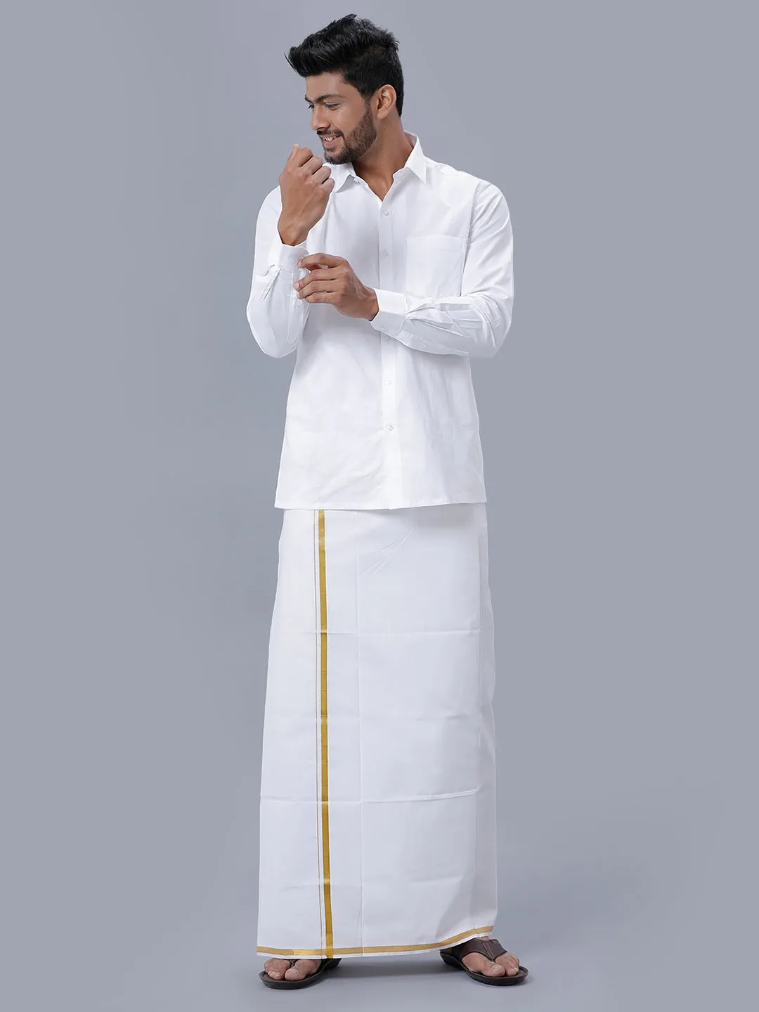 Men Cotton White Full Sleeves Shirt with 1/2'' inch Gold Jari Single Dhoti Combo