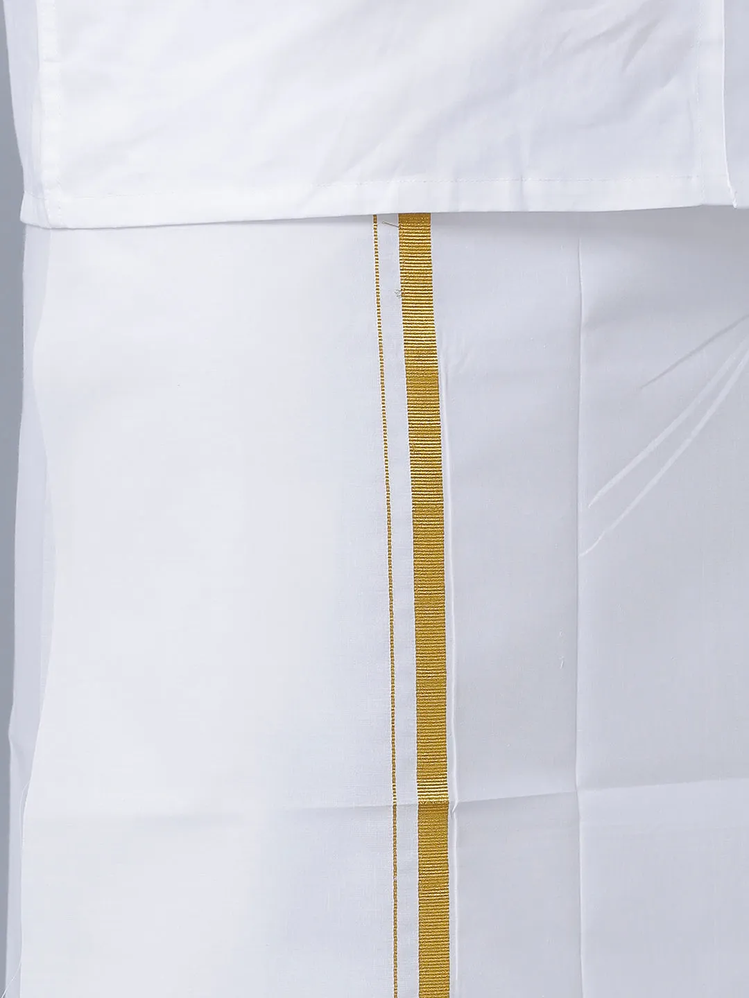 Men Cotton White Full Sleeves Shirt with 1/2'' inch Gold Jari Single Dhoti Combo