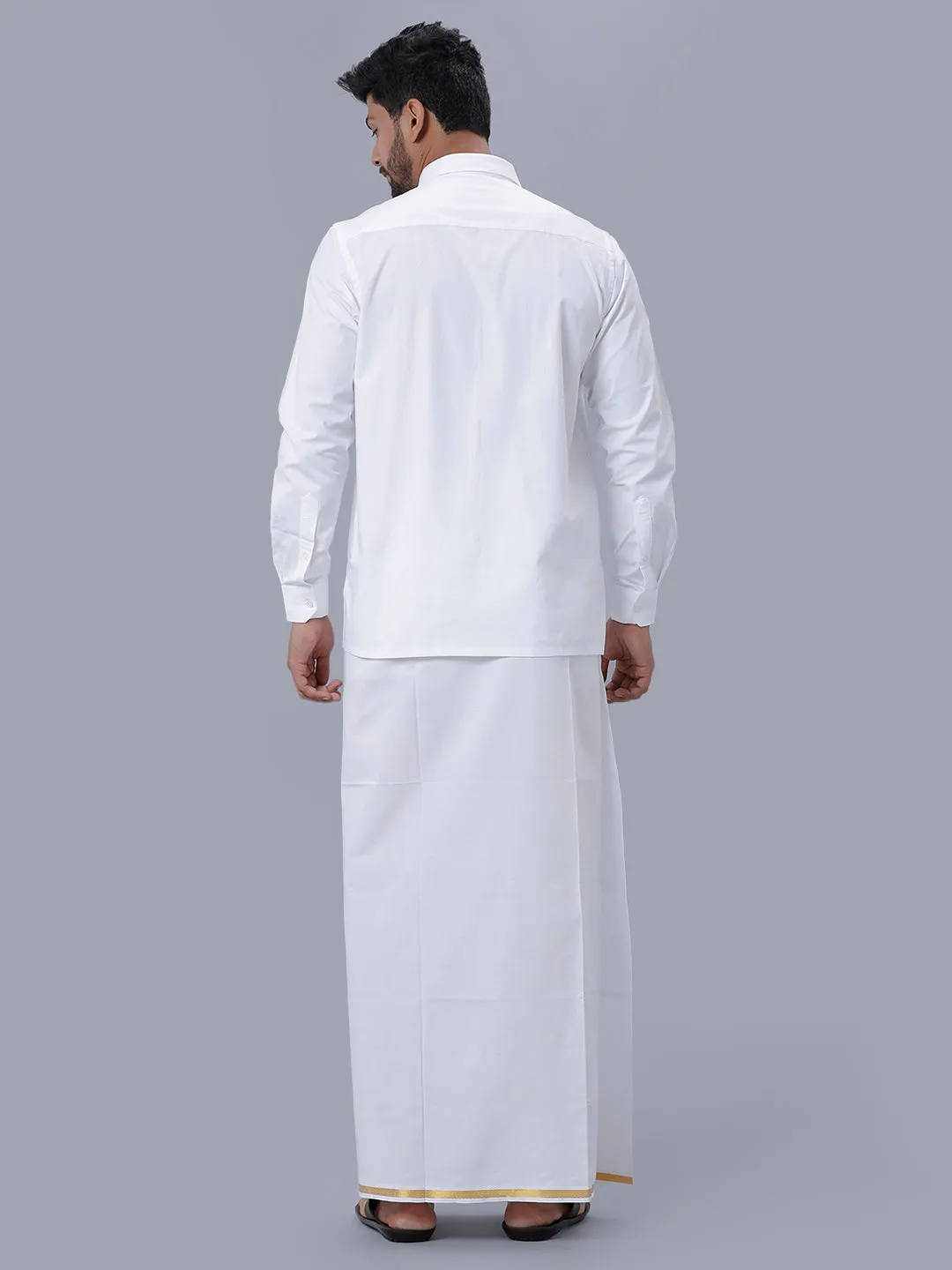 Men Cotton White Full Sleeves Shirt with 1/2'' inch Gold Jari Single Dhoti Combo