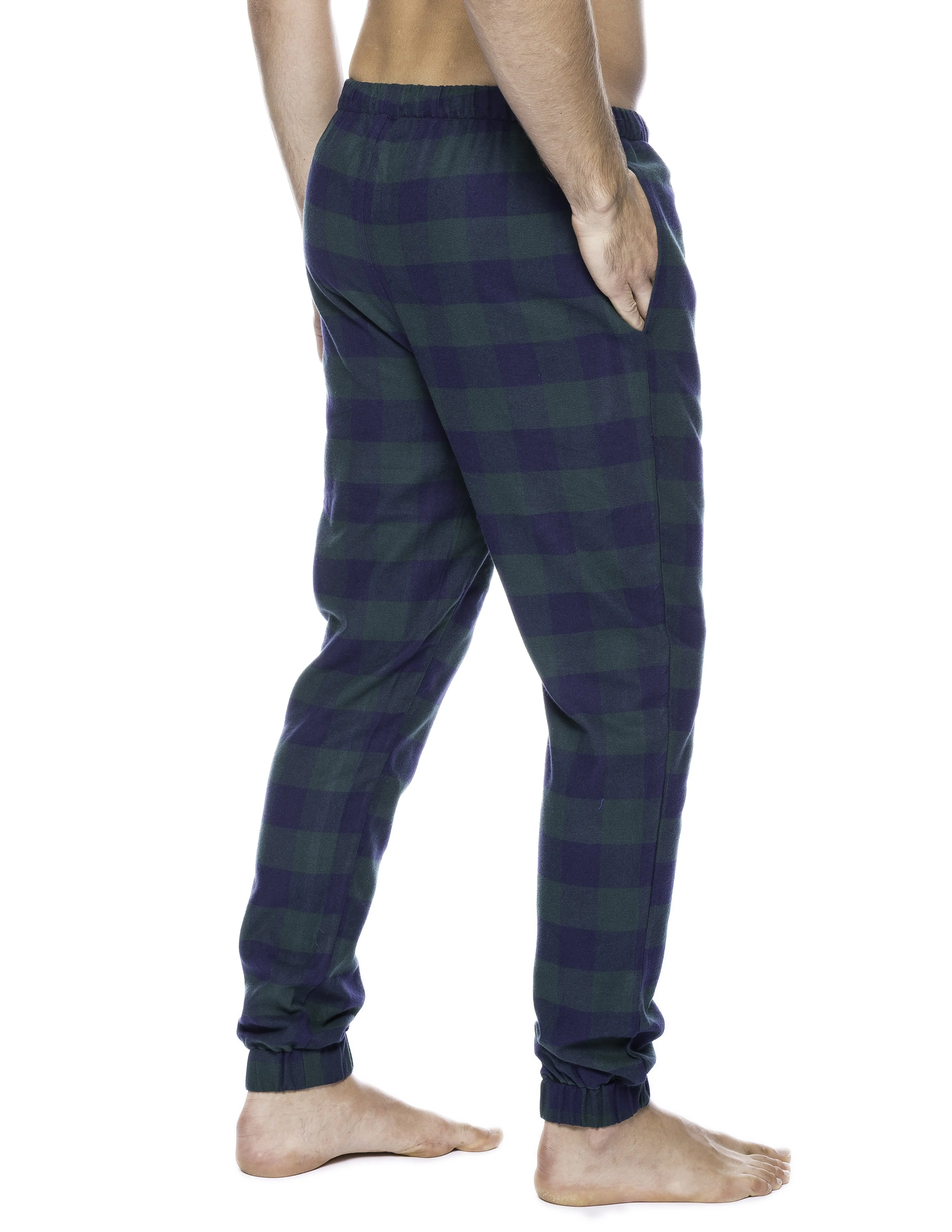 Mens 100% Cotton Flannel Jogger Lounge Pants - Gingham Green/Navy