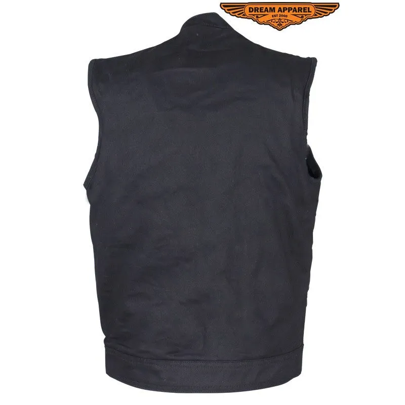 Mens Black Denim Motorcycle Club Vest With Black Liner