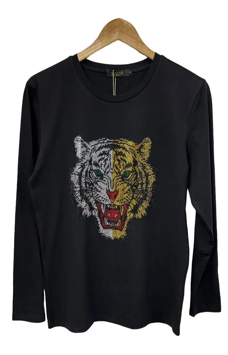 Men's Black Long Sleeves Graphic T-shirt Gold Stone Lion Head