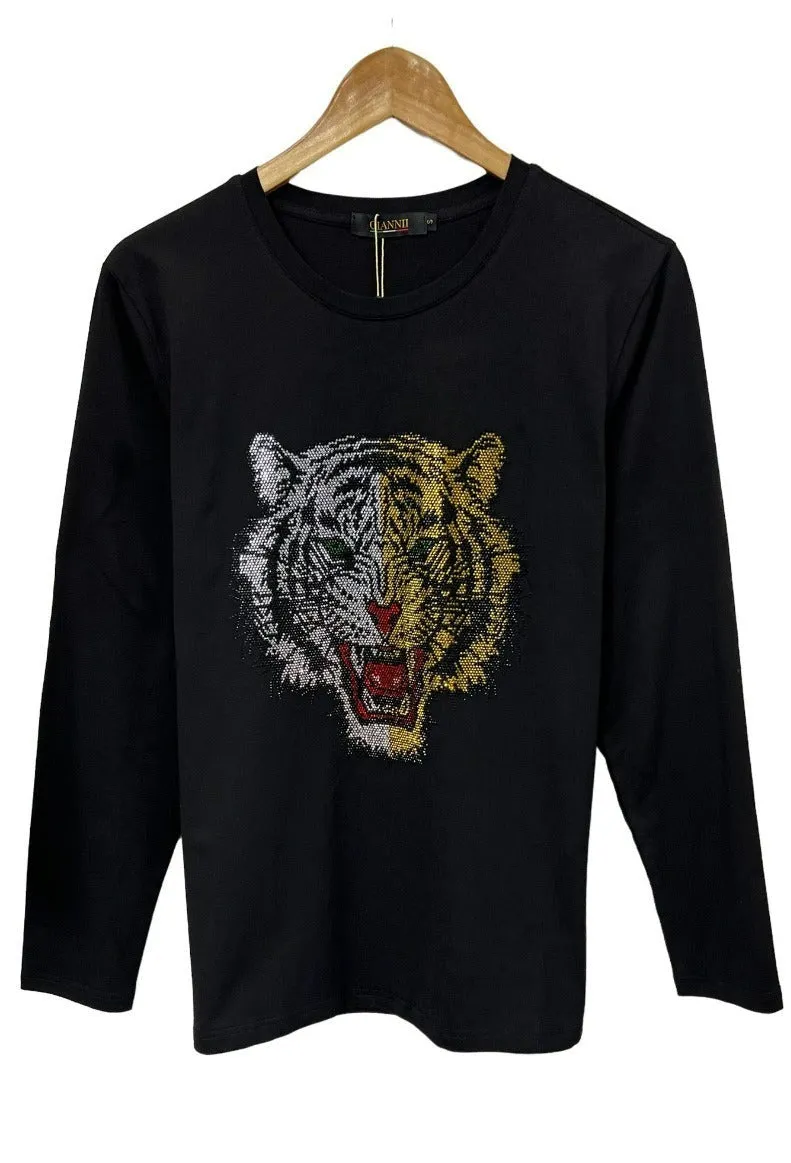 Men's Black Long Sleeves Graphic T-shirt Gold Stone Lion Head