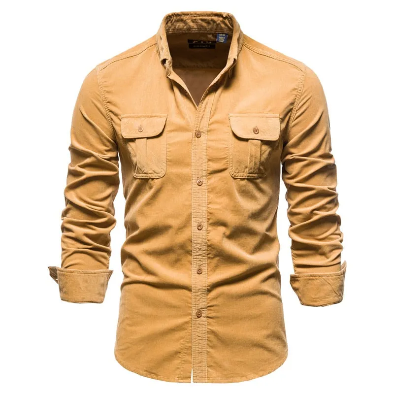 Men's Corduroy Long Sleeve Shirt Cotton Casual Tactical Workwear Ropa Hombre