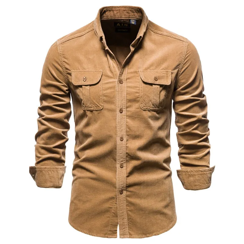 Men's Corduroy Long Sleeve Shirt Cotton Casual Tactical Workwear Ropa Hombre