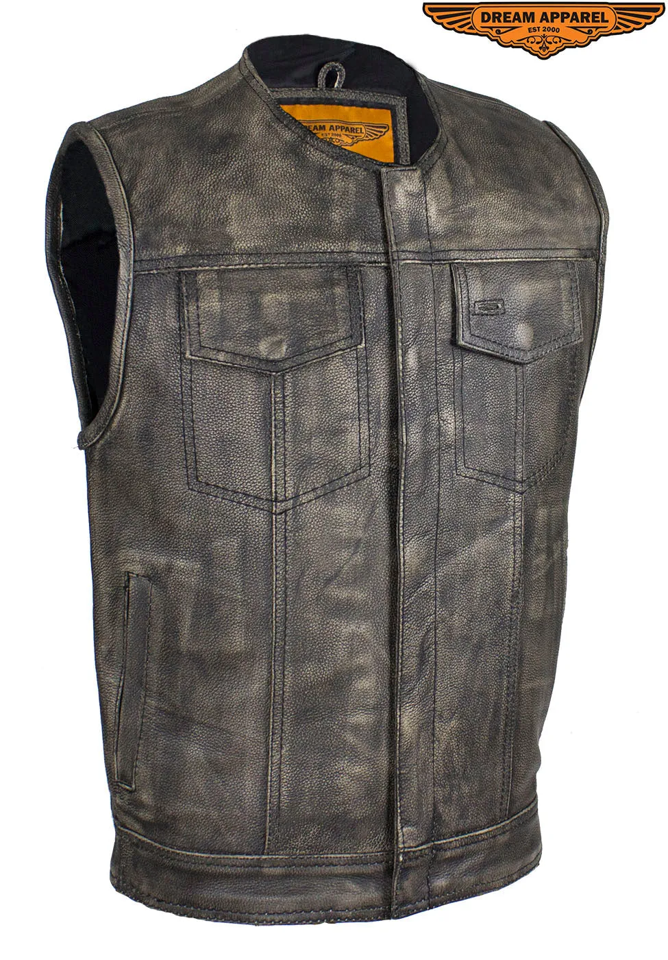 Mens Distressed Brown Leather Motorcycle Club Vest With Zipper & No Collar