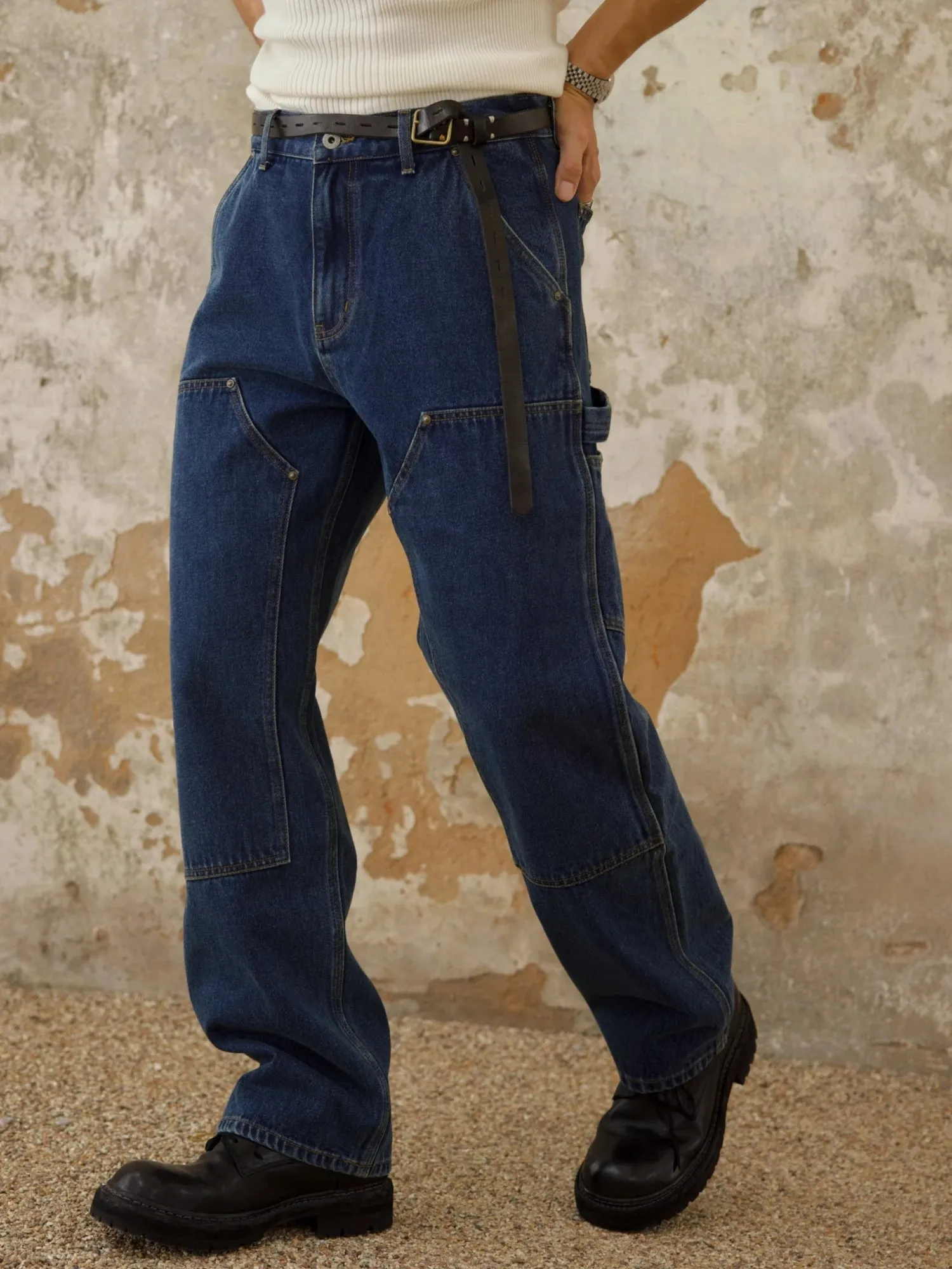 Men's Double-front Work Dungaree Pants Straight Fit Jeans - Safari Style