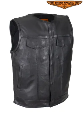 Mens Leather Motorcycle Club Vest With Zipper & No Collar