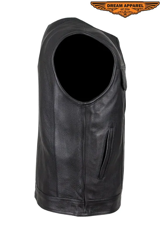 Mens Leather Motorcycle Club Vest With Zipper & No Collar