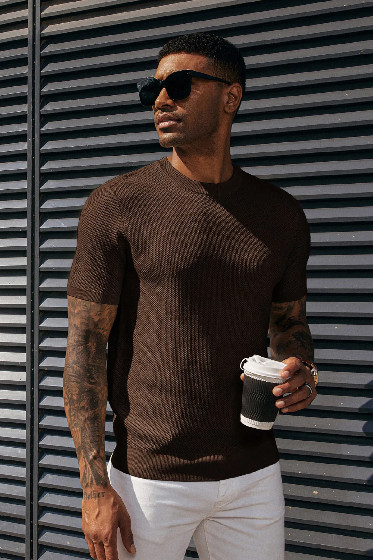 Men's T-Shirts Casual Knit Short Sleeve Crewneck Honeycomb Waffle Solid Knitted Pullover Tees