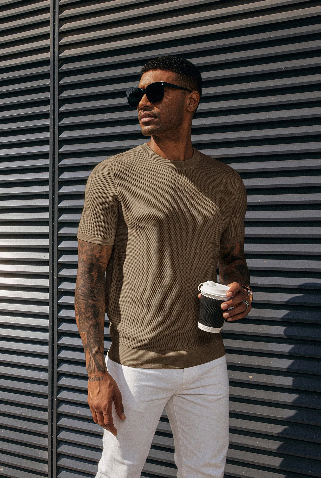 Men's T-Shirts Casual Knit Short Sleeve Crewneck Honeycomb Waffle Solid Knitted Pullover Tees