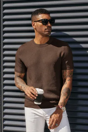 Men's T-Shirts Casual Knit Short Sleeve Crewneck Honeycomb Waffle Solid Knitted Pullover Tees