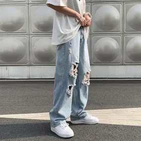 Men's Vintage High Street Ripped Jeans Male Ins Tide Brand Denim Wide leg Pants Summer Thin Straight Y2K Baggy Pants Gothic Men