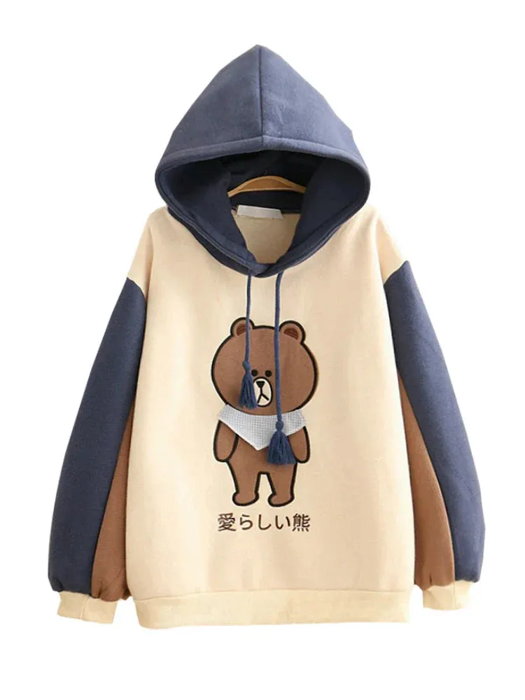 Metaversmall Merry Pretty Women Harajuku Cartoon Bear Embroidery Hooded Sweatshirts Winter Plus Velvet Cute Hoodies Sweatshirt Tracksuit