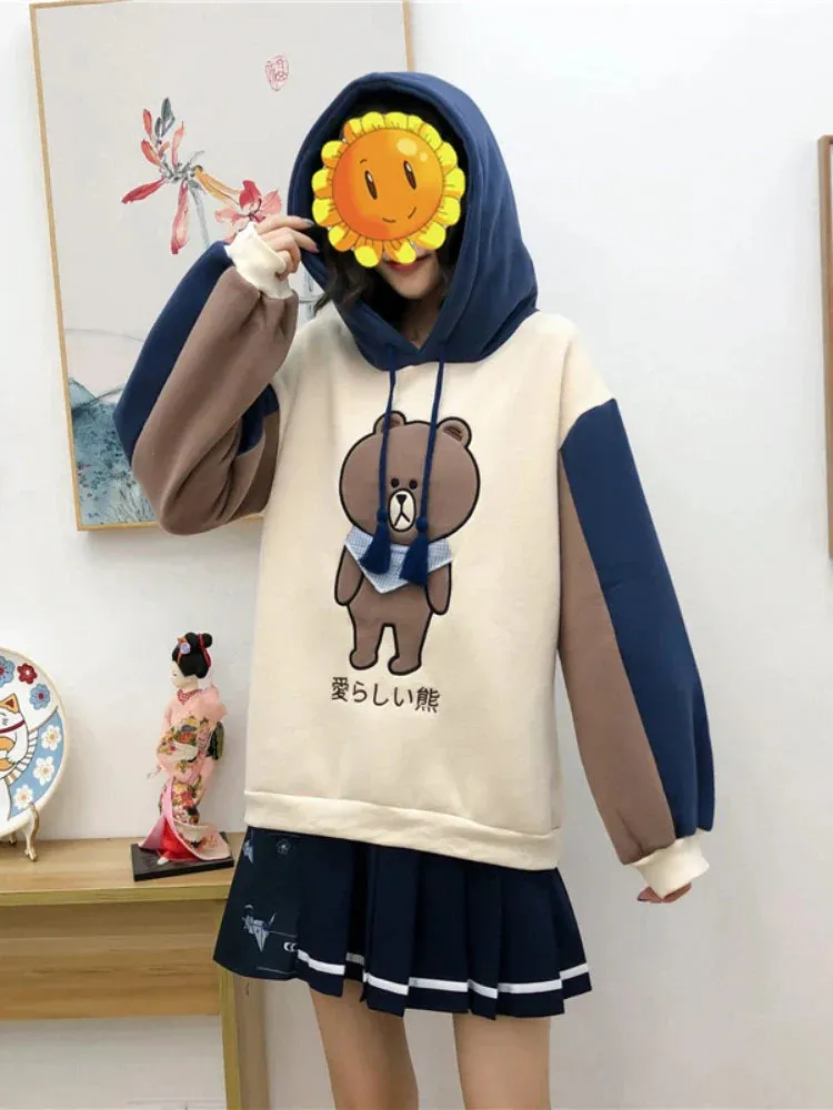 Metaversmall Merry Pretty Women Harajuku Cartoon Bear Embroidery Hooded Sweatshirts Winter Plus Velvet Cute Hoodies Sweatshirt Tracksuit