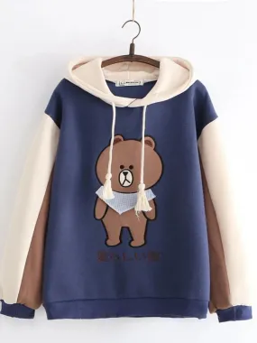 Metaversmall Merry Pretty Women Harajuku Cartoon Bear Embroidery Hooded Sweatshirts Winter Plus Velvet Cute Hoodies Sweatshirt Tracksuit