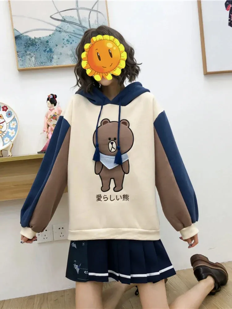 Metaversmall Merry Pretty Women Harajuku Cartoon Bear Embroidery Hooded Sweatshirts Winter Plus Velvet Cute Hoodies Sweatshirt Tracksuit