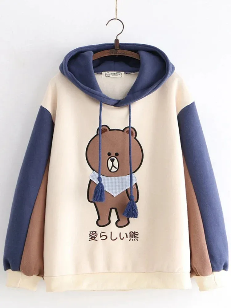 Metaversmall Merry Pretty Women Harajuku Cartoon Bear Embroidery Hooded Sweatshirts Winter Plus Velvet Cute Hoodies Sweatshirt Tracksuit