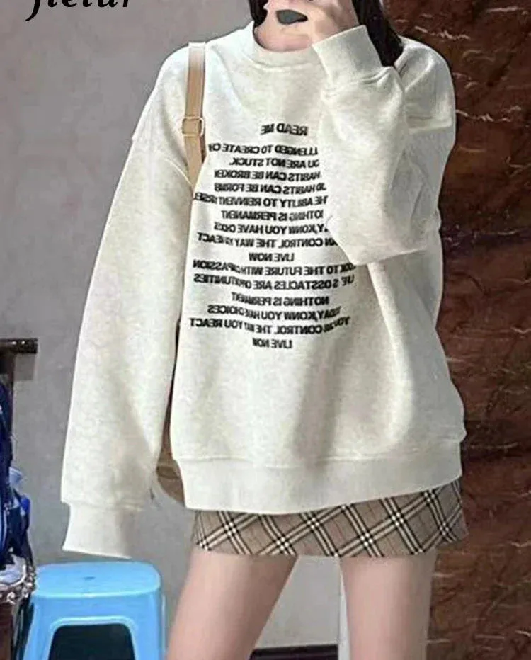 Metaversmall O-neck Letter Printing Fashion Female Hoodies Spell Color Pullover Winter Basic Women Sweatshirts Simple Chic Streetwear