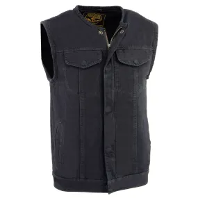 Milwaukee Leather MDM3001 Men's 'Covert' Black Denim Collarless Club Style Motorcycle Biker Vest w/ Dual Closure