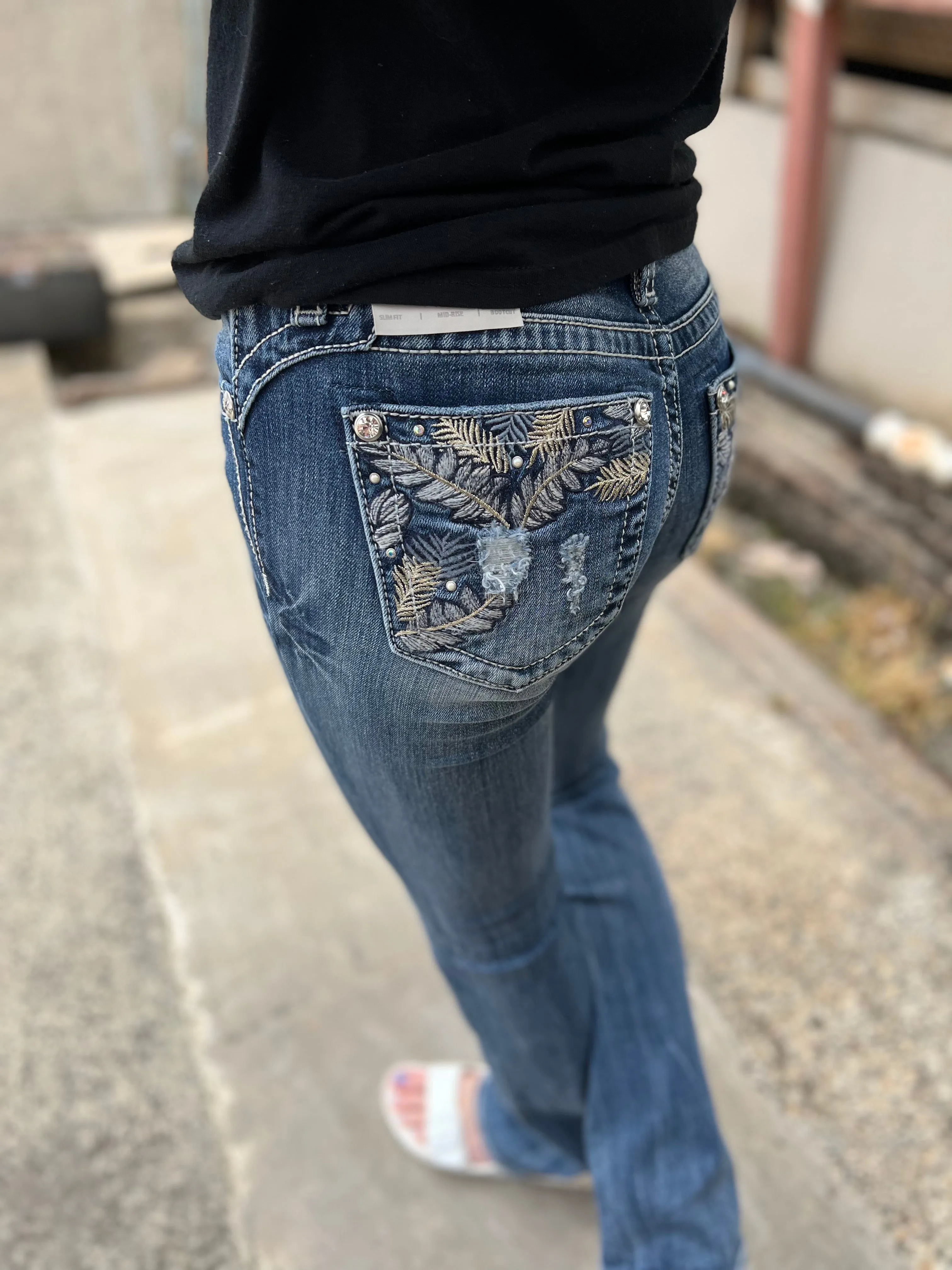 Miss Me Gold Stitch Leaves Bootcut Jeans