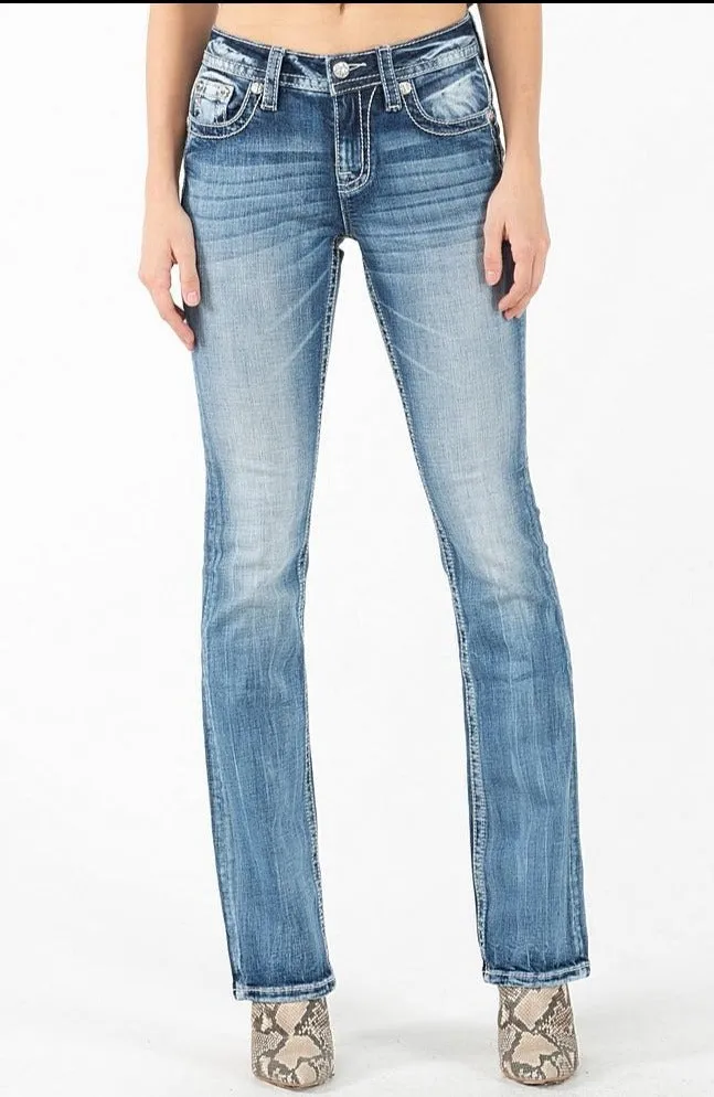 Miss Me Gold Stitch Leaves Bootcut Jeans