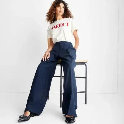 New - Women's Mid-Rise Wide Leg Contrast Waistband Trousers - Future Collective