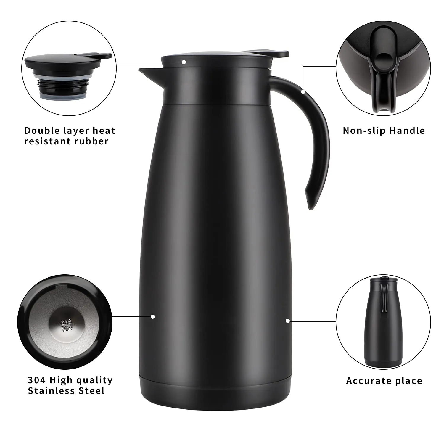 Olerd 50 Oz Stainless Steel Thermal Coffee Carafe, Double Walled Vacuum Flask, 12 Hour Heat Retention / 1.5 Liter Tea, Water, and Coffee Dispenser