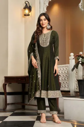 Olive Green Embellished Premium Silk Anarkali Set